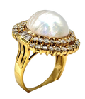 18kt Yellow gold ring with natural diamonds and a 15mm natural pearl.